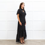 Mikael Aghal Black Floral Crepe Frill Sleeve Diamond Cut Out Top
