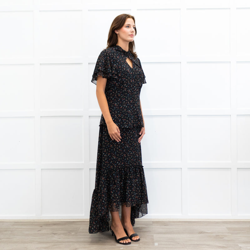 Mikael Aghal Black Floral Crepe Frill Sleeve Diamond Cut Out Top