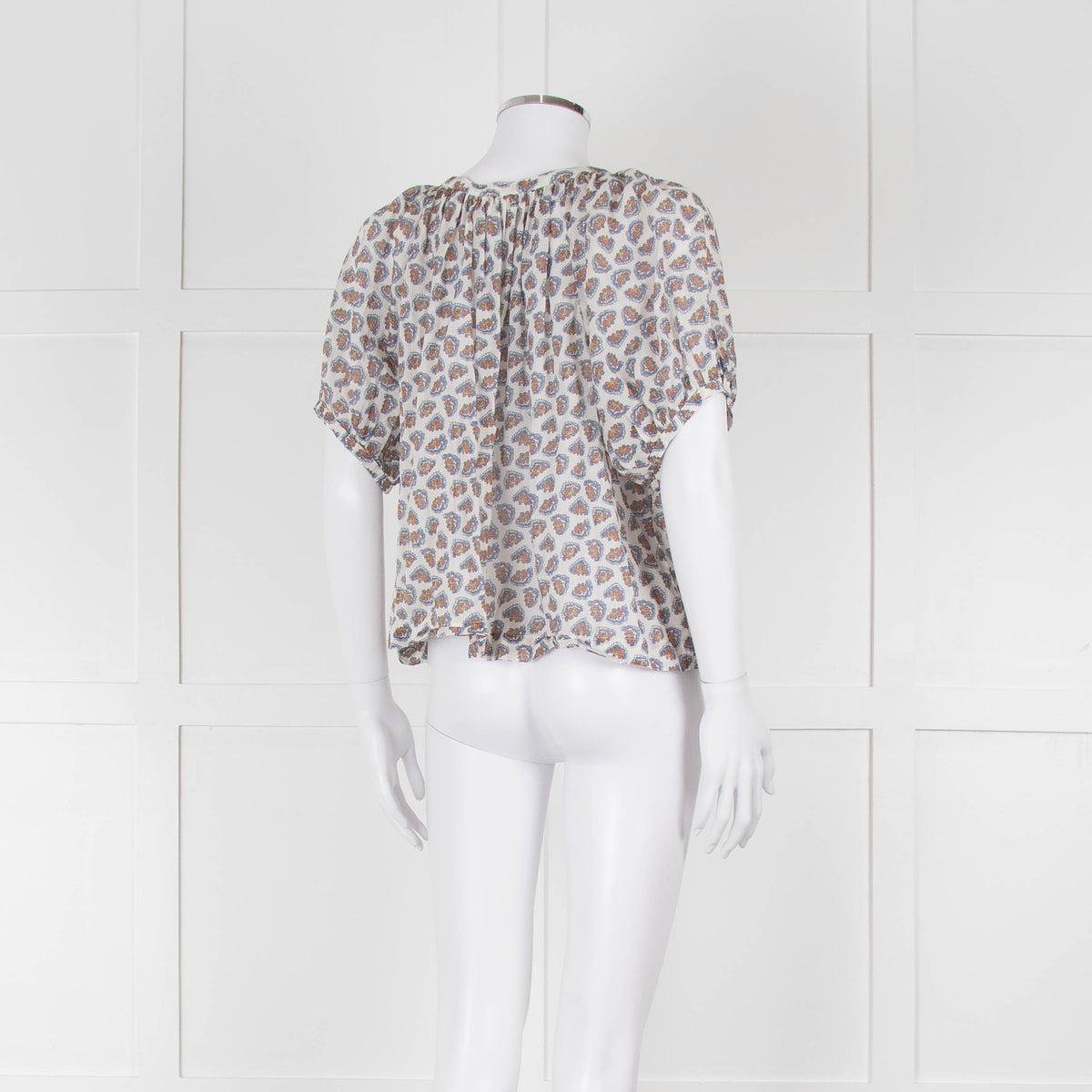 Doen White Blue Fine Cotton Floral Puff Sleeve Top