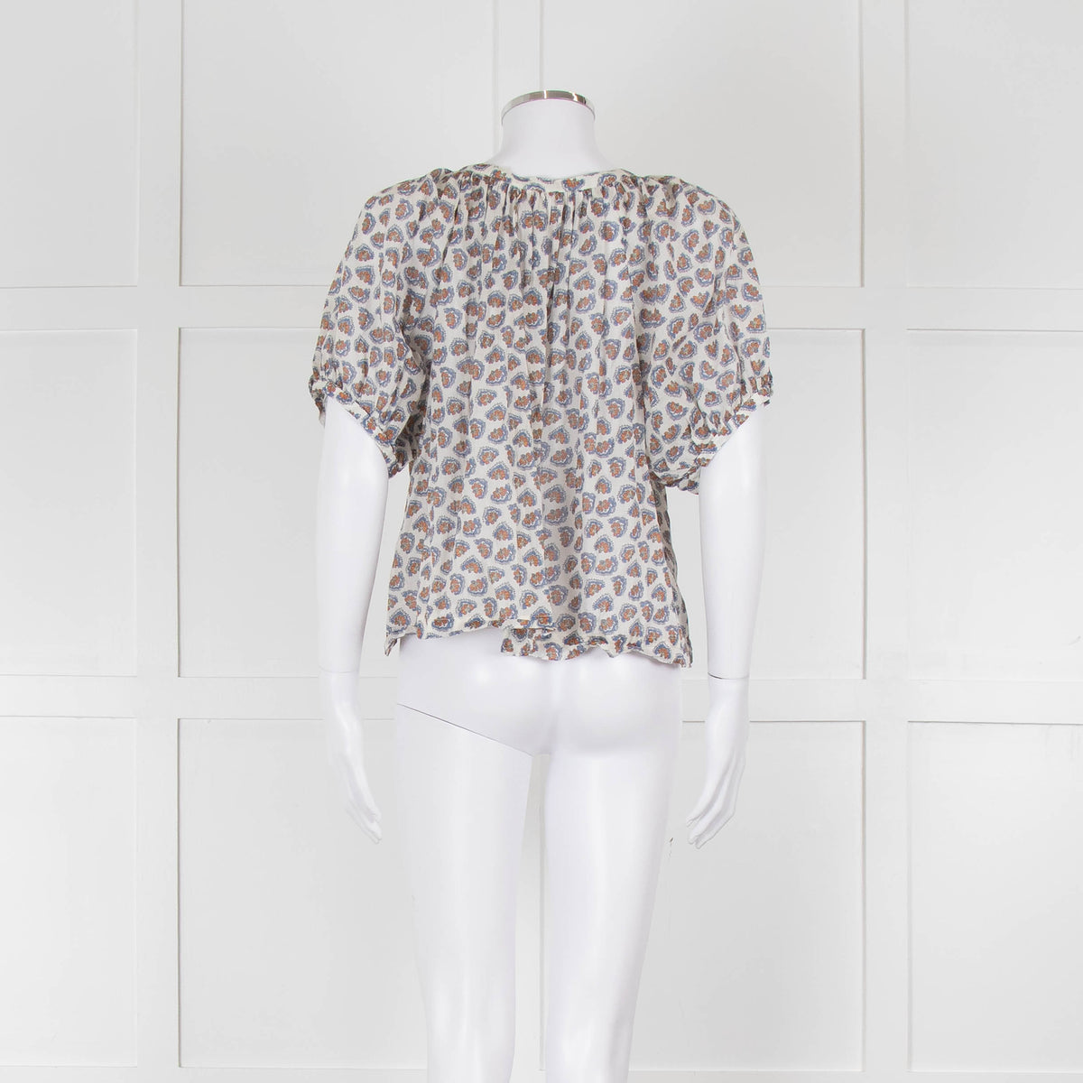 Doen White Blue Fine Cotton Floral Puff Sleeve Top