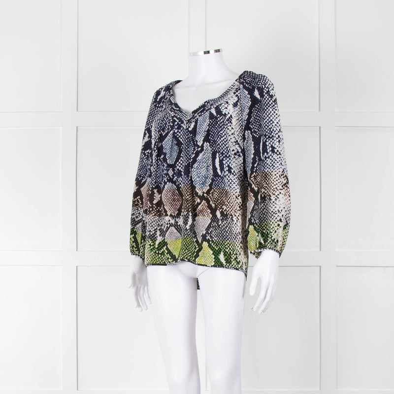 Diane Von Furstenberg Navy White Snake Print V-Neck Top