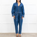 Donna Ida Edna Blue Denim Ruffle Edge Full Length Belted Jumpsuit