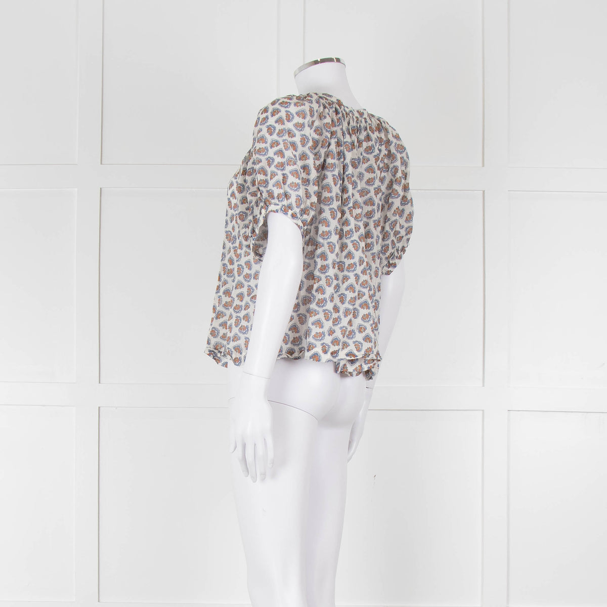 Doen White Blue Fine Cotton Floral Puff Sleeve Top