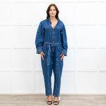 Donna Ida Edna Blue Denim Ruffle Edge Full Length Belted Jumpsuit
