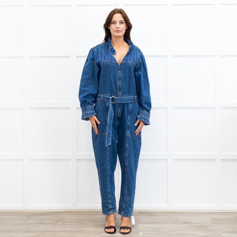 Donna Ida Edna Blue Denim Ruffle Edge Full Length Belted Jumpsuit