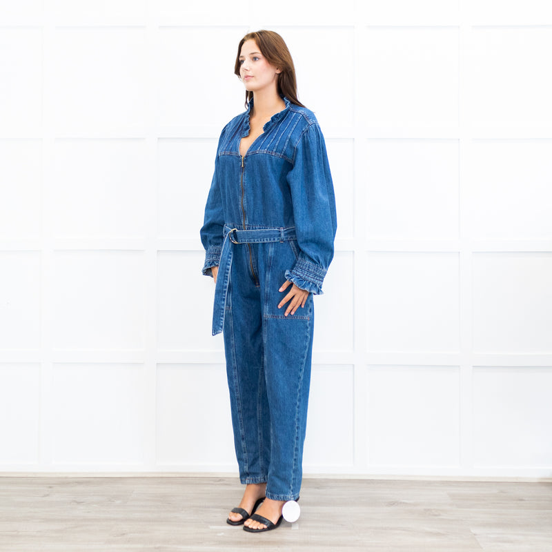 Donna Ida Edna Blue Denim Ruffle Edge Full Length Belted Jumpsuit