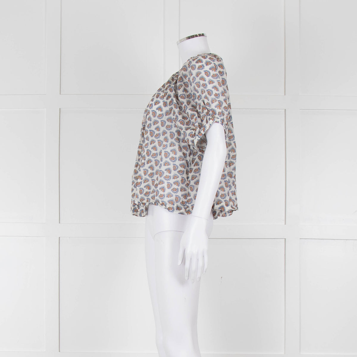 Doen White Blue Fine Cotton Floral Puff Sleeve Top