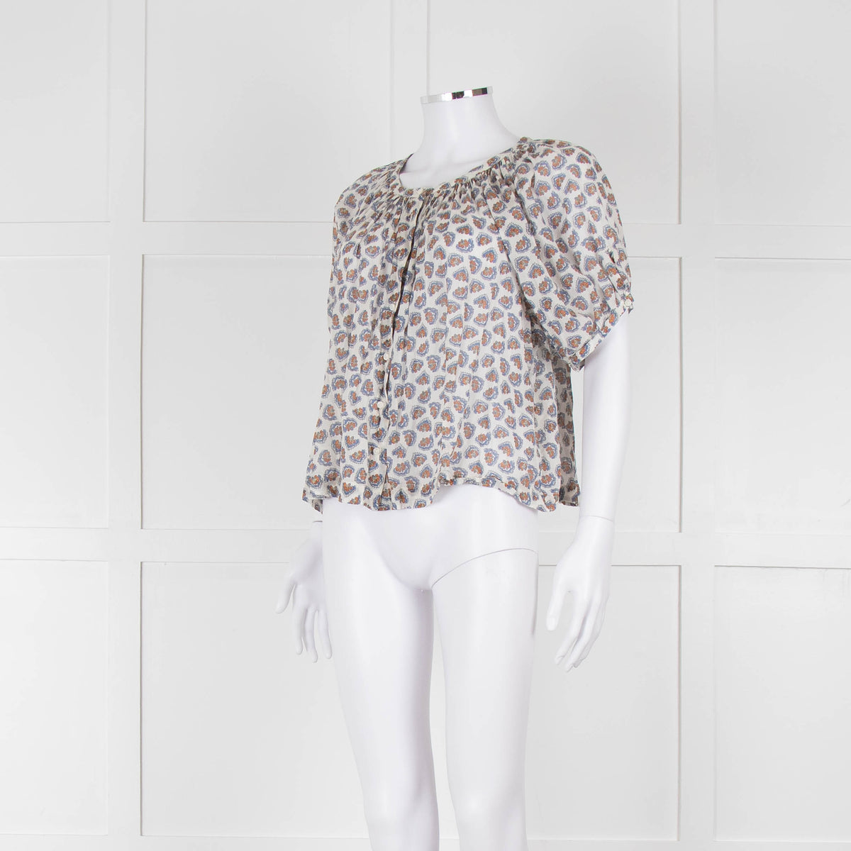 Doen White Blue Fine Cotton Floral Puff Sleeve Top