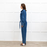 Donna Ida Edna Blue Denim Ruffle Edge Full Length Belted Jumpsuit
