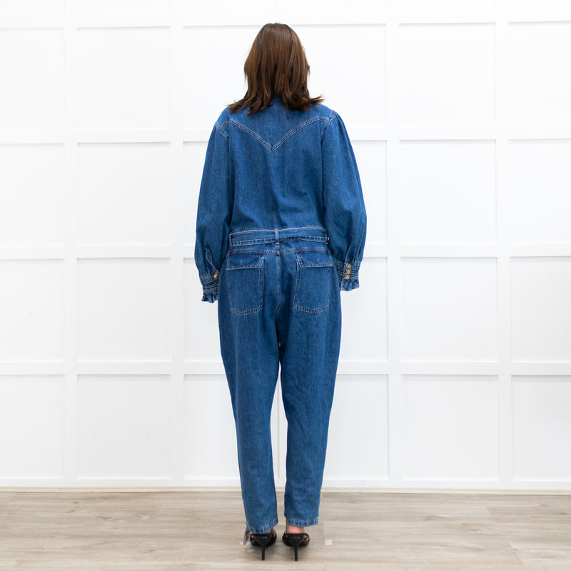 Donna Ida Edna Blue Denim Ruffle Edge Full Length Belted Jumpsuit