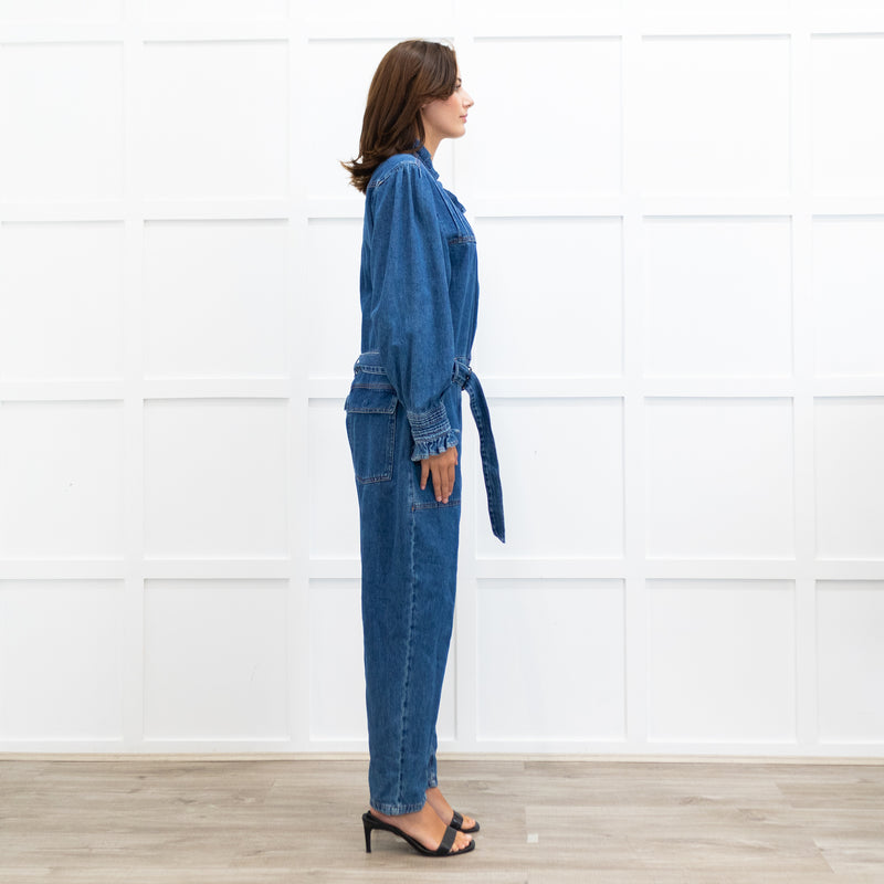 Donna Ida Edna Blue Denim Ruffle Edge Full Length Belted Jumpsuit