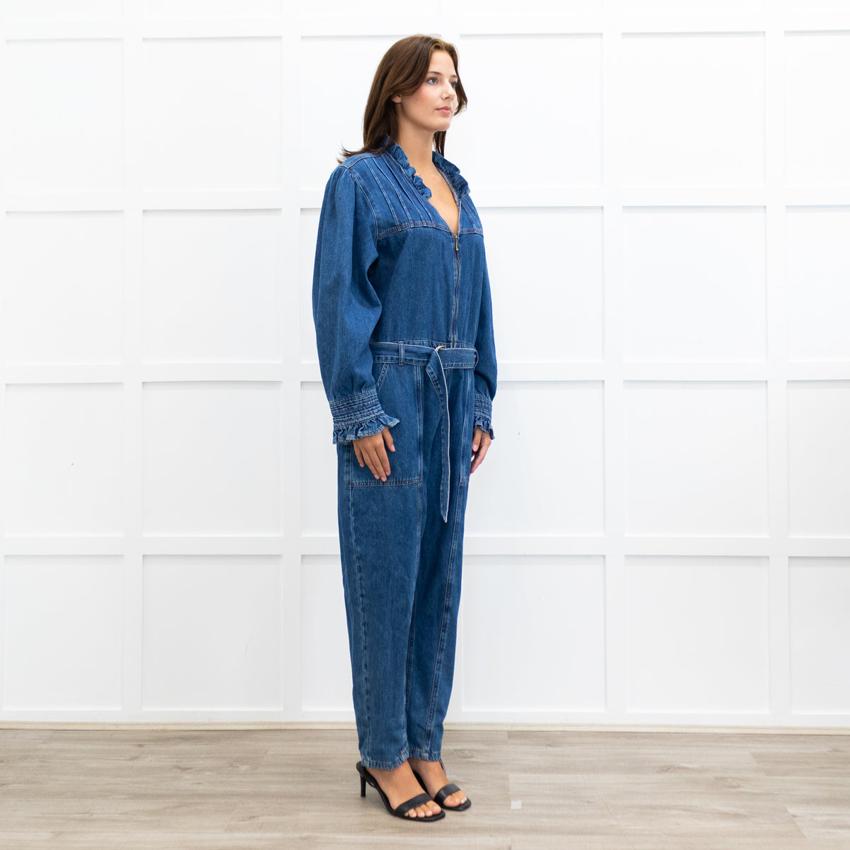 Donna Ida Edna Blue Denim Ruffle Edge Full Length Belted Jumpsuit