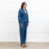 Donna Ida Edna Blue Denim Ruffle Edge Full Length Belted Jumpsuit
