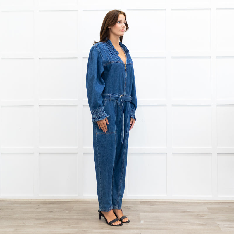 Donna Ida Edna Blue Denim Ruffle Edge Full Length Belted Jumpsuit