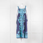 Juliet Dunn Navy Blue Green Floral Cotton Sleeveless Midi Dress