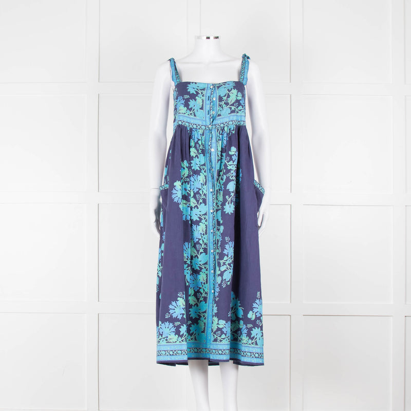 Juliet Dunn Navy Blue Green Floral Cotton Sleeveless Midi Dress