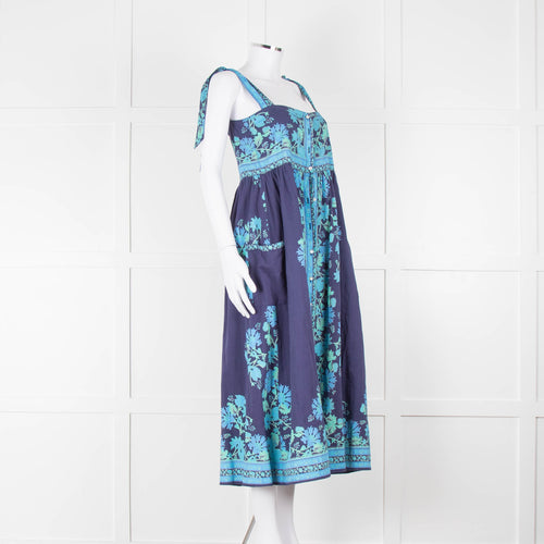 Juliet Dunn Navy Blue Green Floral Cotton Sleeveless Midi Dress