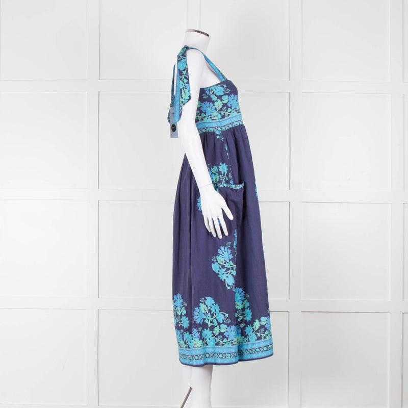 Juliet Dunn Navy Blue Green Floral Cotton Sleeveless Midi Dress
