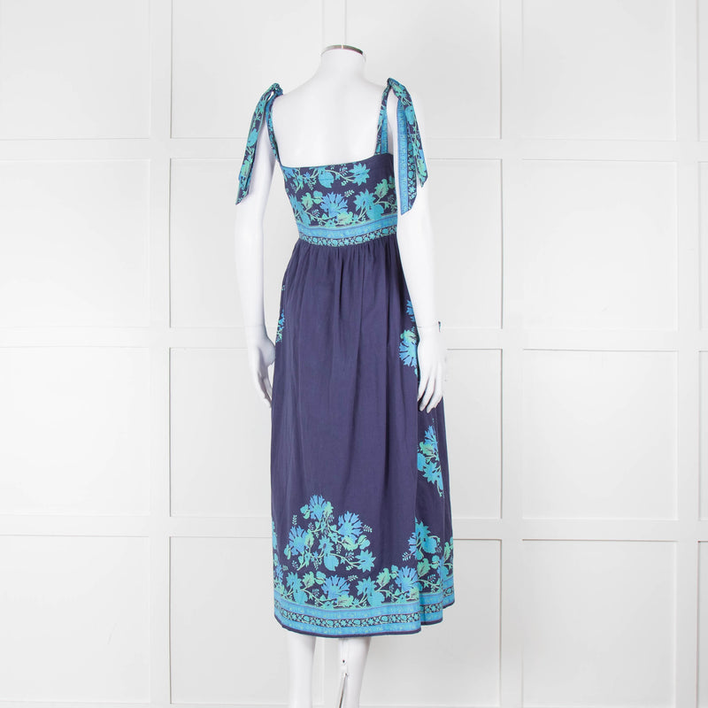 Juliet Dunn Navy Blue Green Floral Cotton Sleeveless Midi Dress