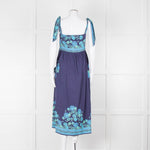 Juliet Dunn Navy Blue Green Floral Cotton Sleeveless Midi Dress