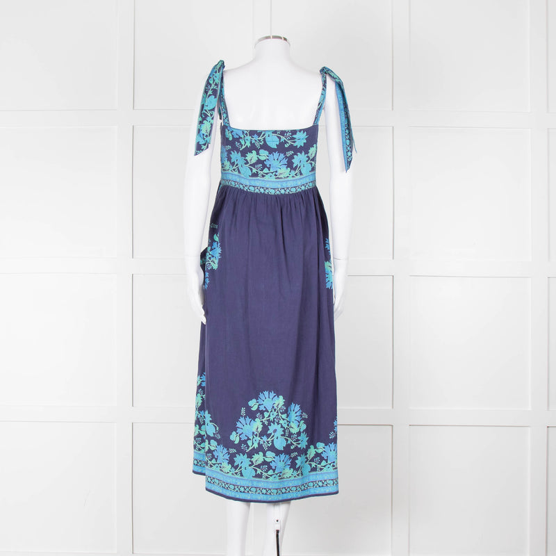 Juliet Dunn Navy Blue Green Floral Cotton Sleeveless Midi Dress