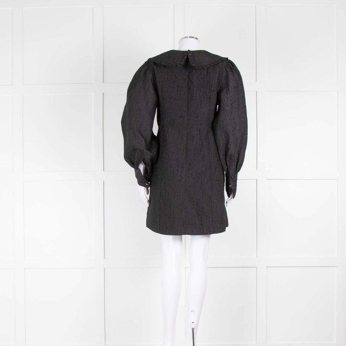 Ganni Black Jaquard Organza V-Neck Ruffle Collar Dress