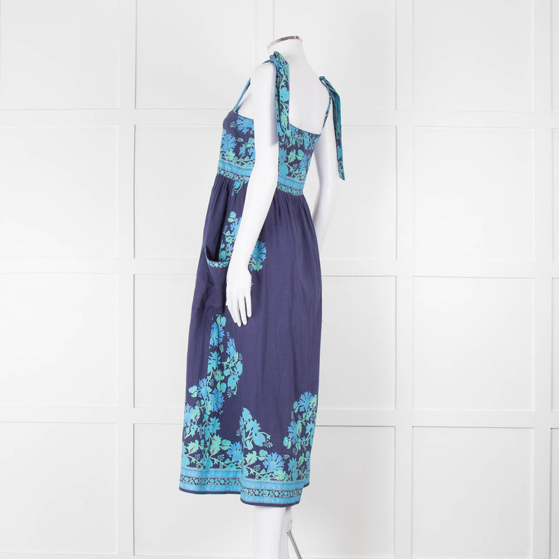 Juliet Dunn Navy Blue Green Floral Cotton Sleeveless Midi Dress