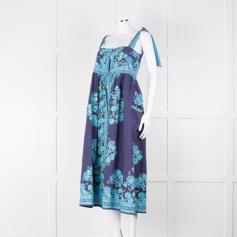 Juliet Dunn Navy Blue Green Floral Cotton Sleeveless Midi Dress