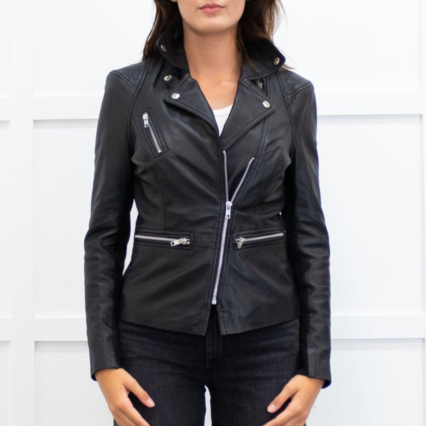 MUUBAA Black Leather Silver Zip Jacket