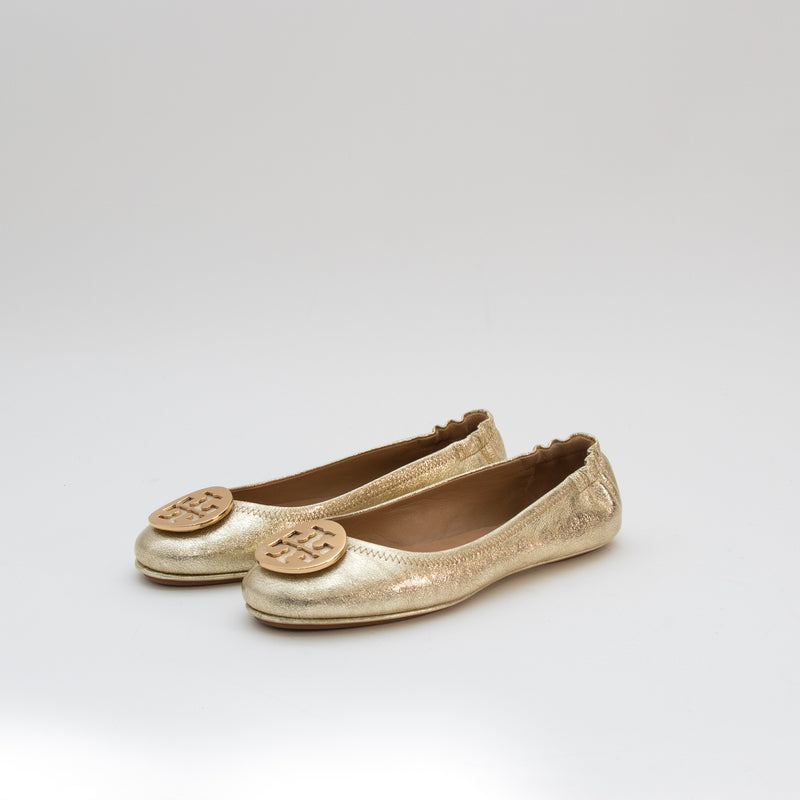 Tory Burch Gold Minnie Travel Ballet Flat Shoes