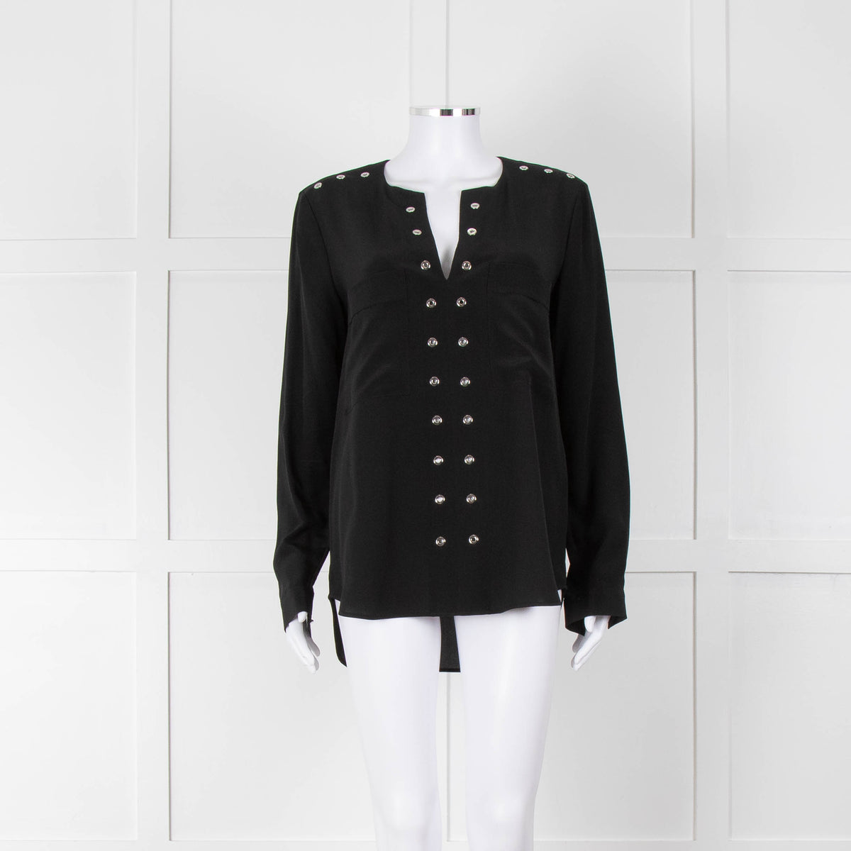 Belstaff Black Silver Eyelet Detail Silk Long Sleeve Top