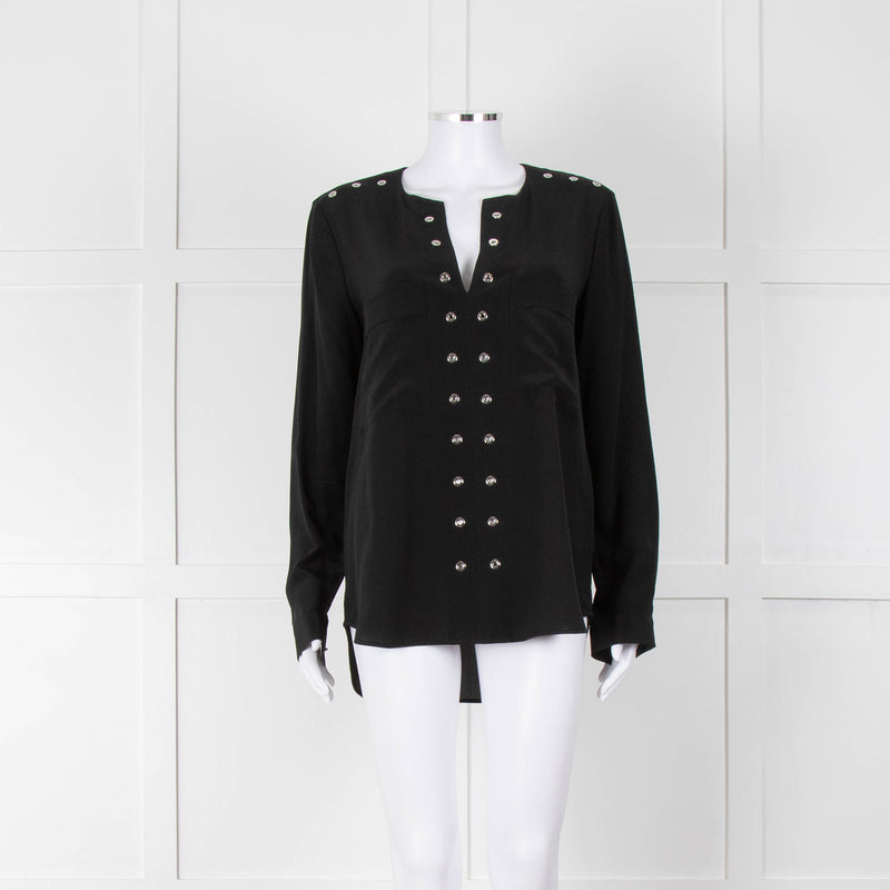 Belstaff Black Silver Eyelet Detail Silk Long Sleeve Top