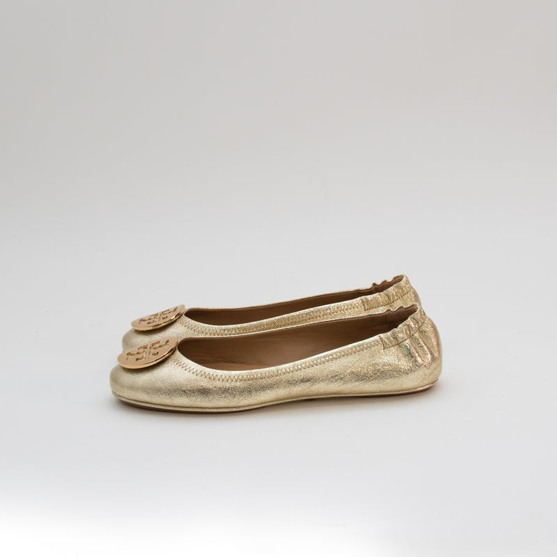 Tory Burch Gold Minnie Travel Ballet Flat Shoes