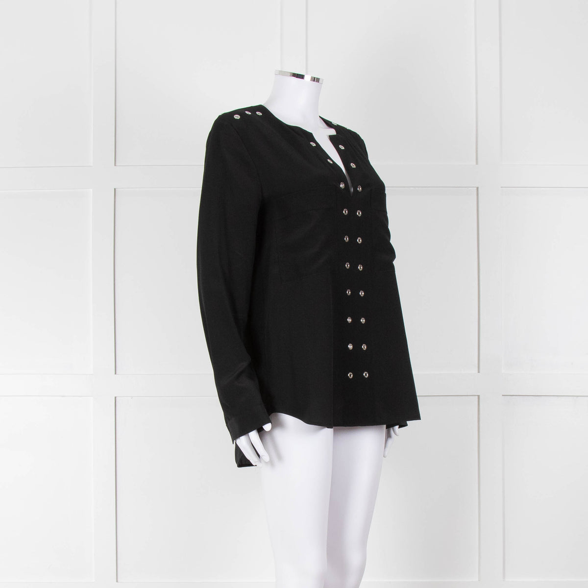 Belstaff Black Silver Eyelet Detail Silk Long Sleeve Top
