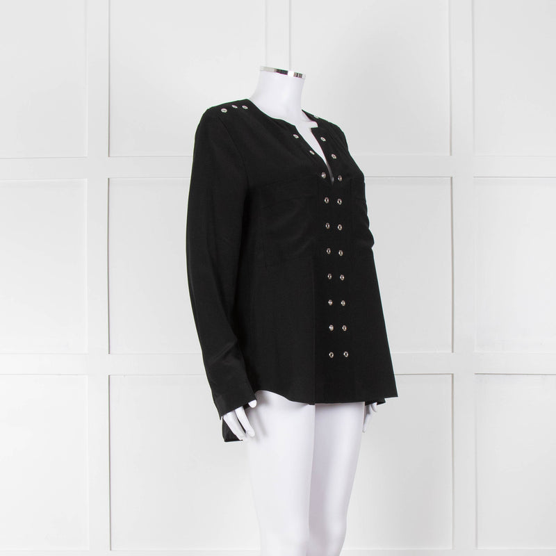 Belstaff Black Silver Eyelet Detail Silk Long Sleeve Top