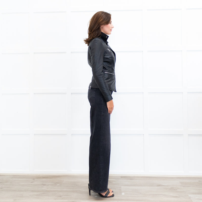 MUUBAA Black Leather Silver Zip Jacket