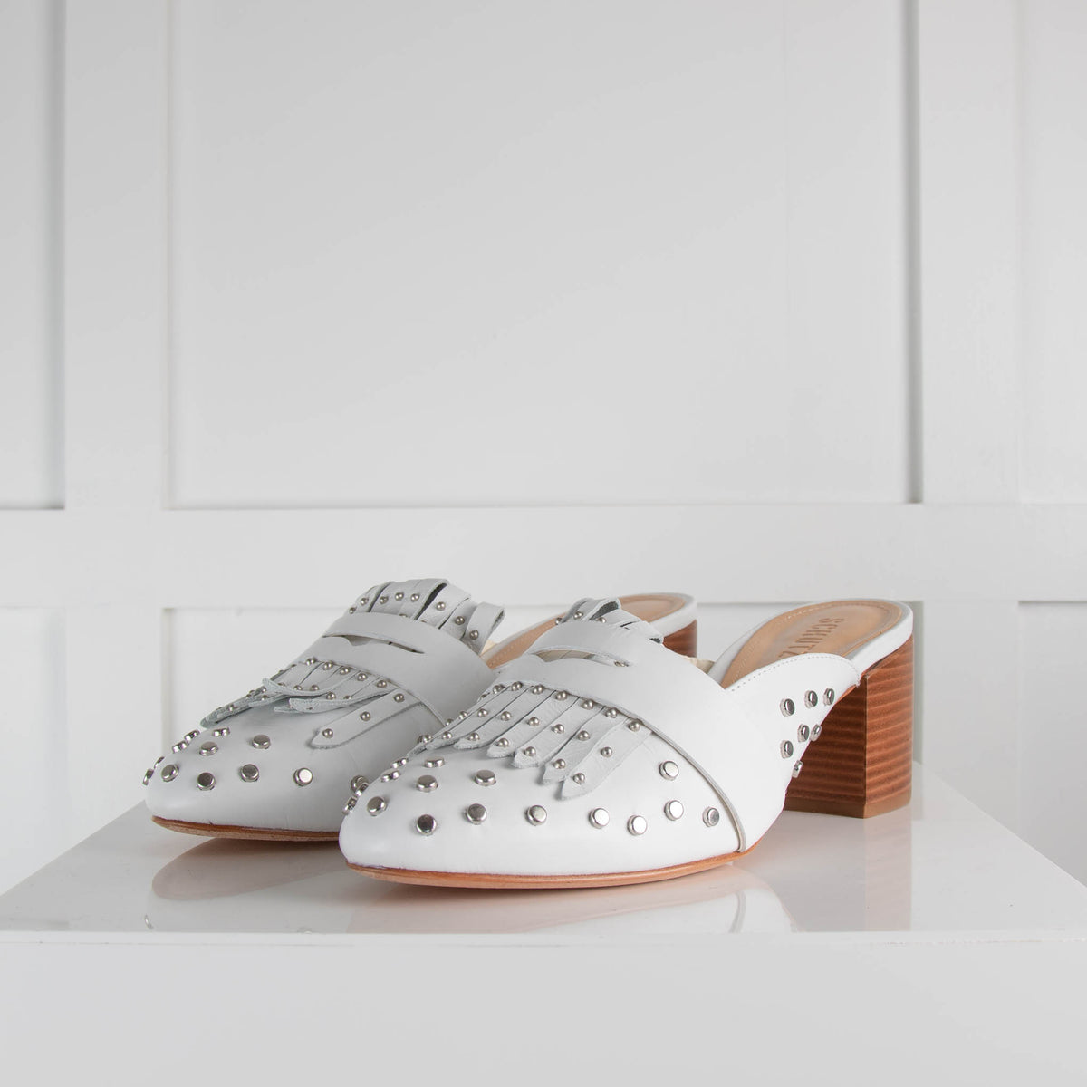 Schutz White Leather Studded Heeled Mules