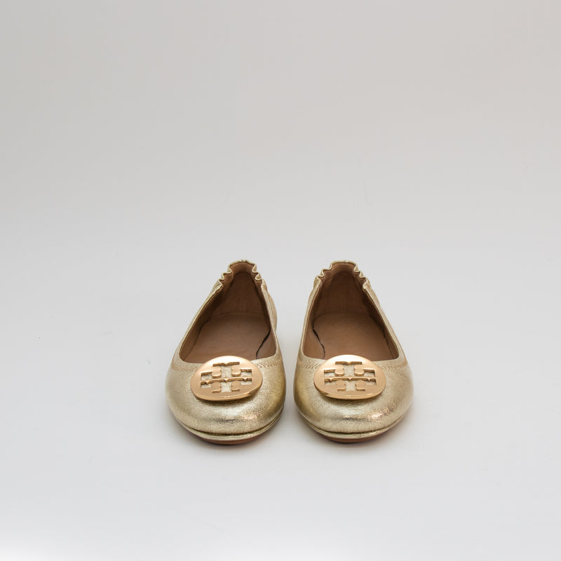 Tory Burch Gold Minnie Travel Ballet Flat Shoes