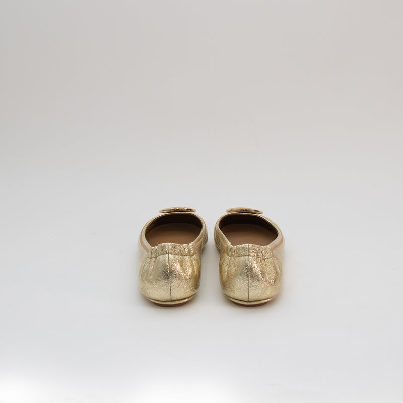 Tory Burch Gold Minnie Travel Ballet Flat Shoes