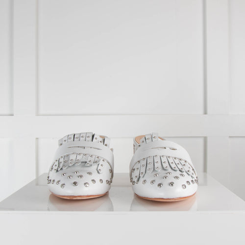 Schutz White Leather Studded Heeled Mules