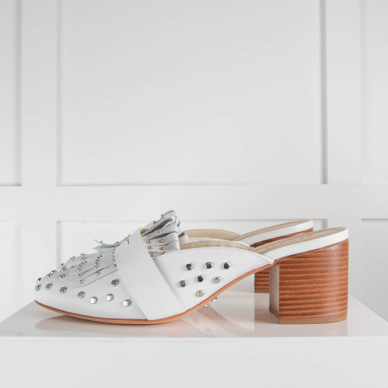 Schutz White Leather Studded Heeled Mules
