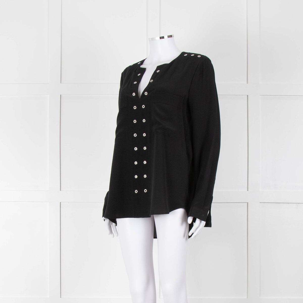 Belstaff Black Silver Eyelet Detail Silk Long Sleeve Top