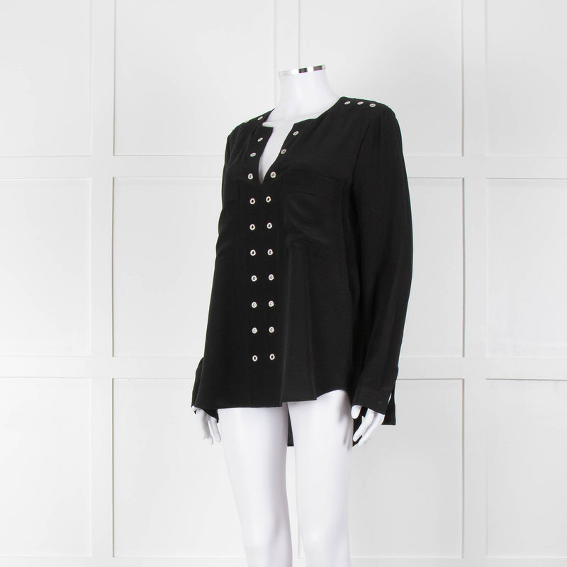 Belstaff Black Silver Eyelet Detail Silk Long Sleeve Top