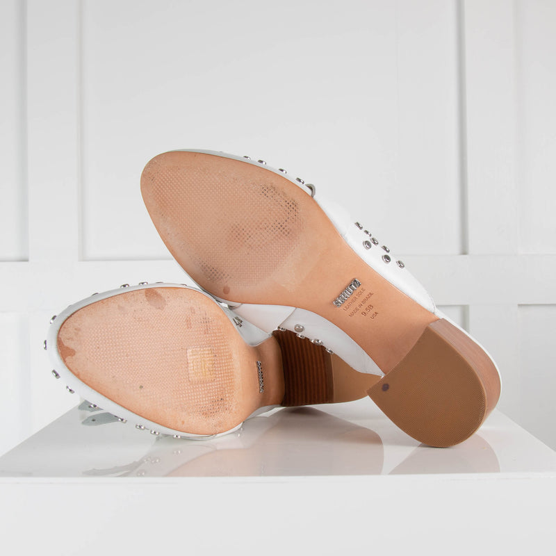 Schutz White Leather Studded Heeled Mules