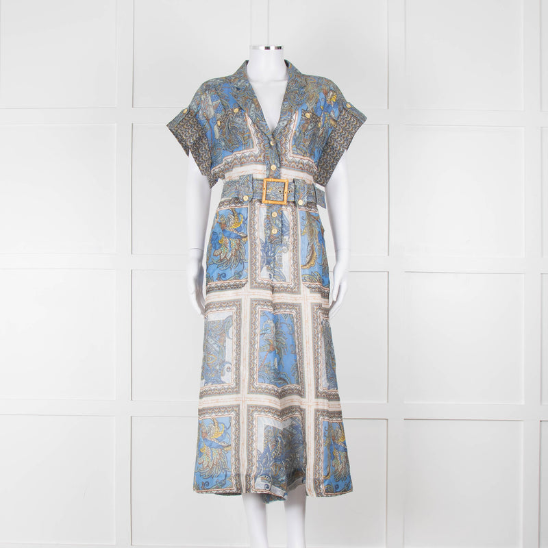 Maryan Mehlhorn Cream Blue Paisley Print Silk Blend Belted Jumpsuit