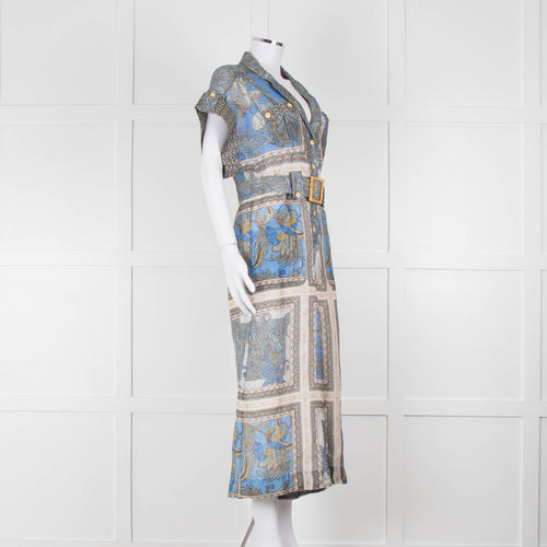 Maryan Mehlhorn Cream Blue Paisley Print Silk Blend Belted Jumpsuit