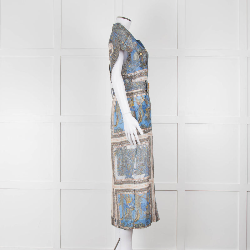 Maryan Mehlhorn Cream Blue Paisley Print Silk Blend Belted Jumpsuit