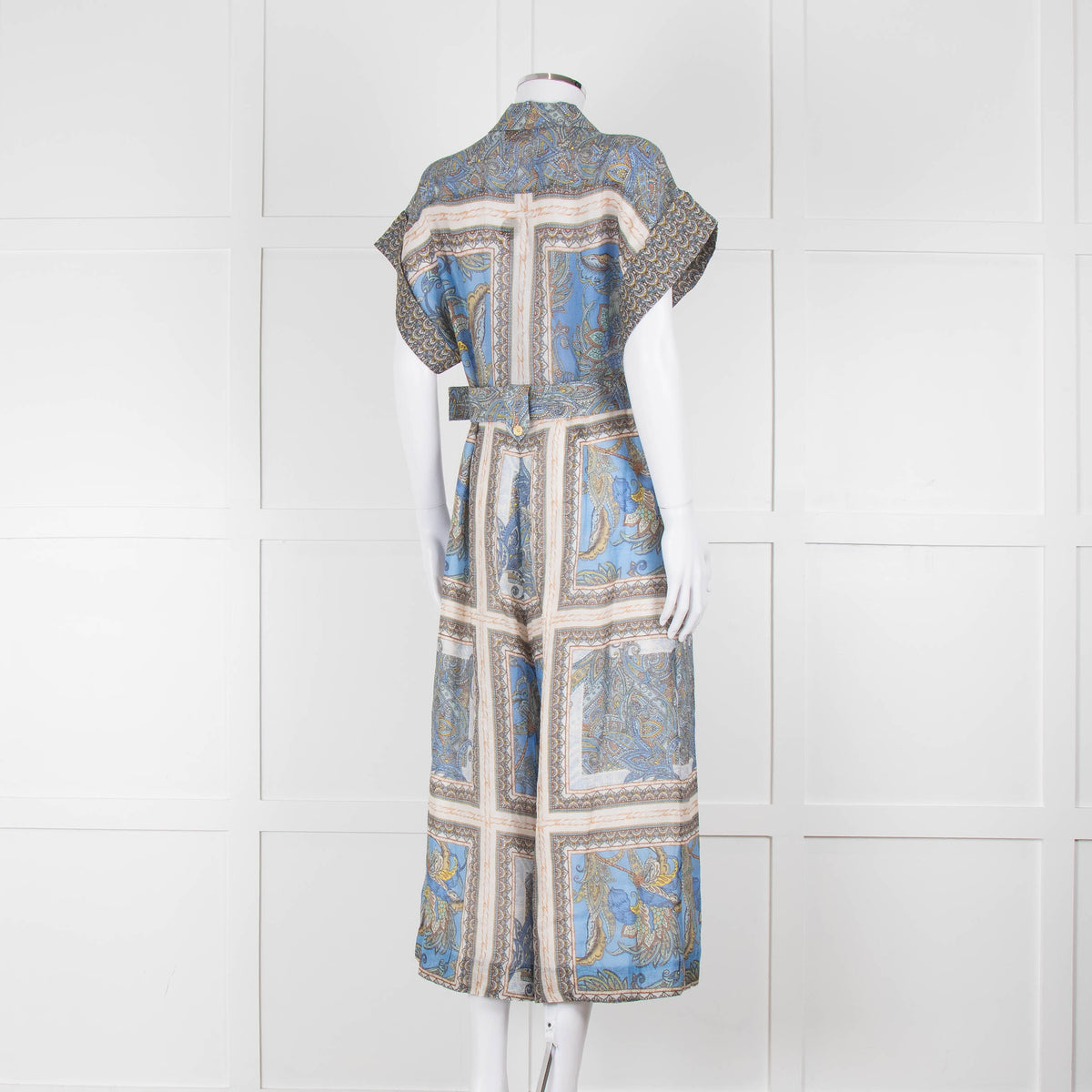 Maryan Mehlhorn Cream Blue Paisley Print Silk Blend Belted Jumpsuit