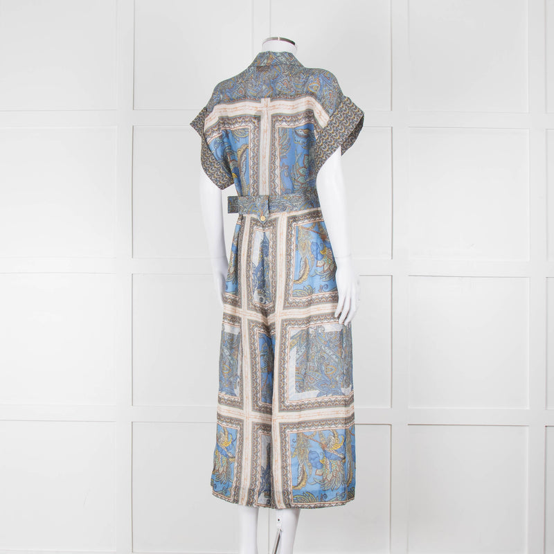 Maryan Mehlhorn Cream Blue Paisley Print Silk Blend Belted Jumpsuit