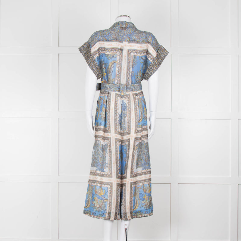 Maryan Mehlhorn Cream Blue Paisley Print Silk Blend Belted Jumpsuit